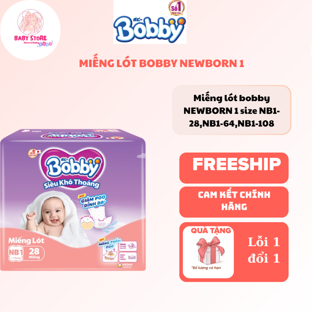 Miếng lót sơ sinh Bobby NB1 siêu khô thoáng cho bé từ 0 tháng tuổi đủ size NB1-28,NB1-64,NB1-108