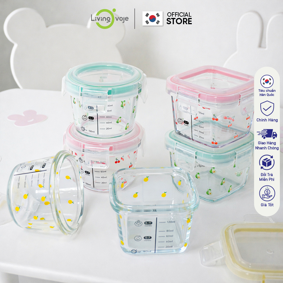 Hộp Thủy Tinh Đựng Đồ Ăn Dặm Cho Bé Living Ovoje, Họa Tiết Quả Chanh Có Vạch Chia, 130ml và 160ml