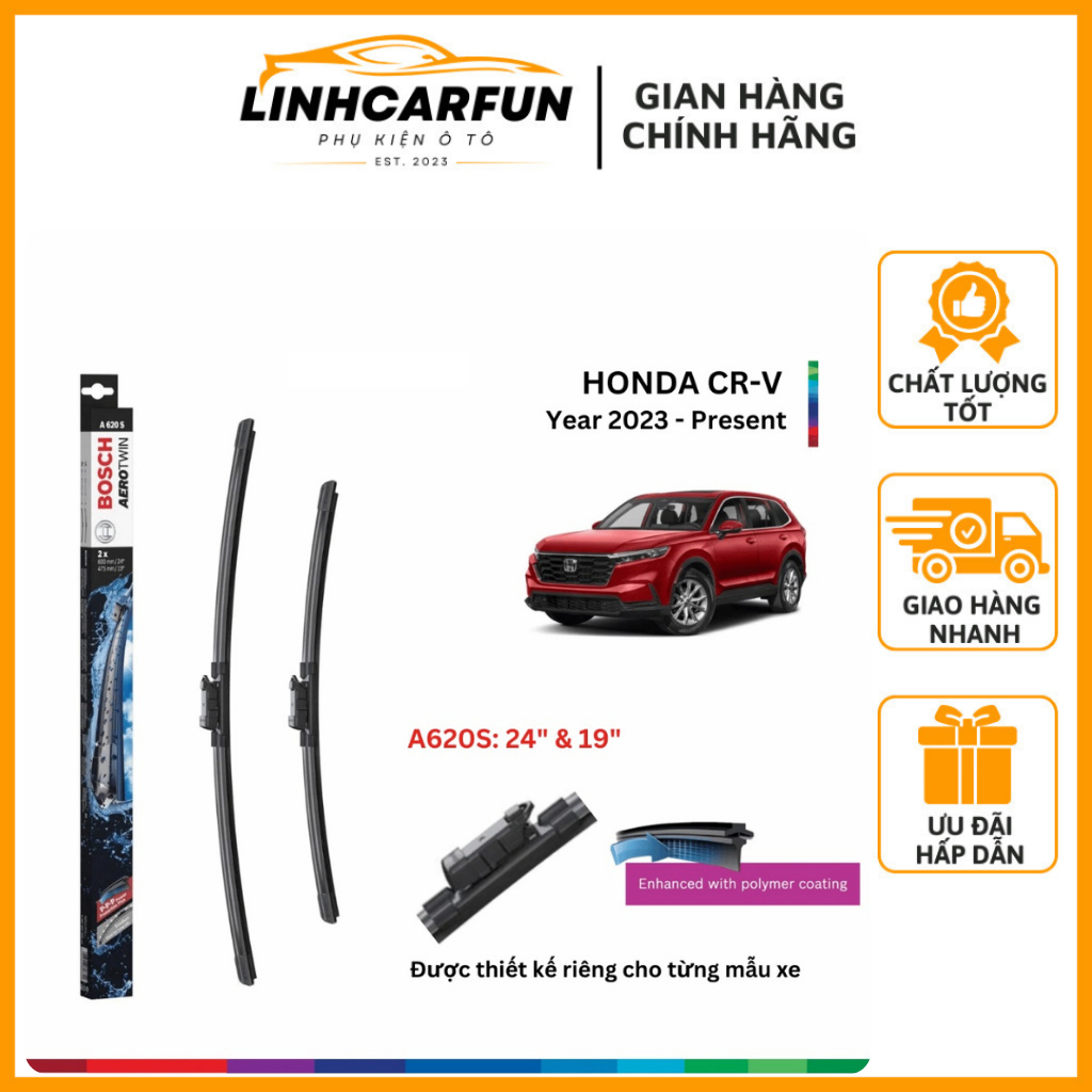 Bộ Gạt Mưa BOSCH AeroTwin Euro Set A620S 24” & 19” Cho Honda CRV 2023–2024 – Gạt Êm Sạch Kính