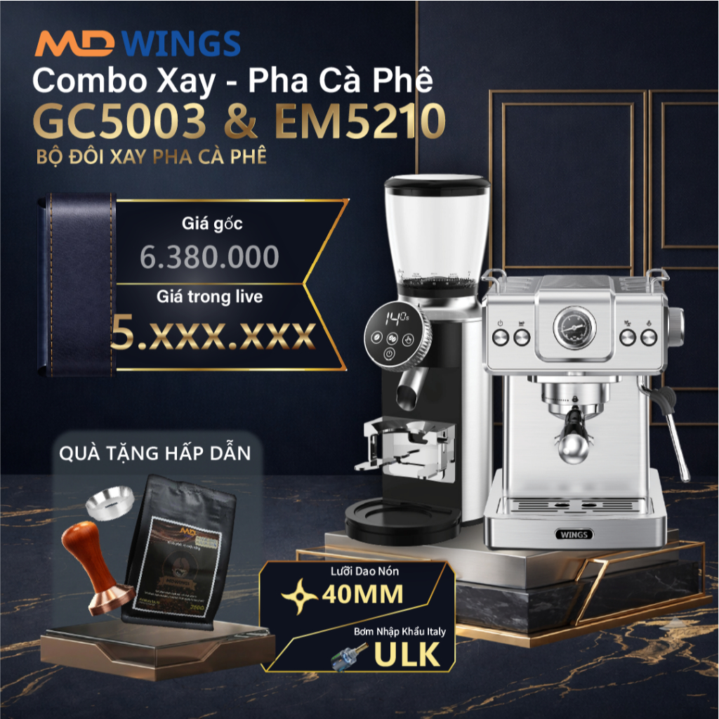 COMBO Máy pha cà phê MDWINGS EM5210 công suất 1350W, 20bar và Máy xay cà phê MDWINGS GC5003 công suấ
