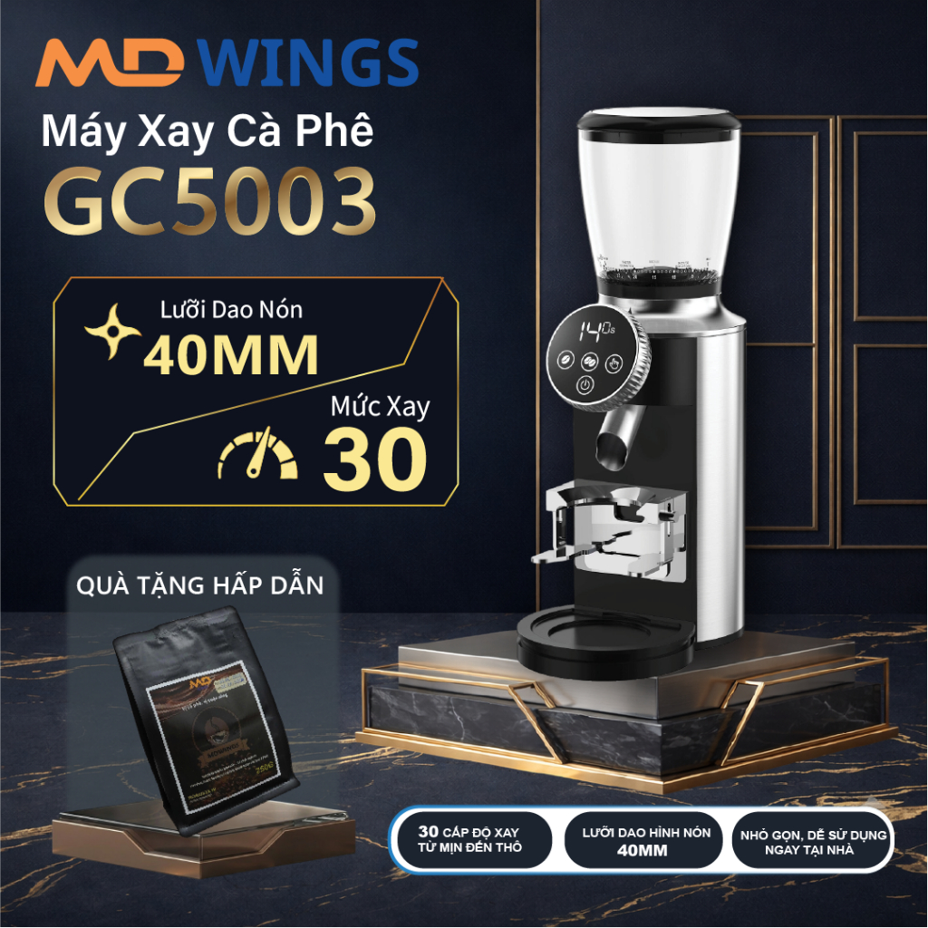 Máy máy xay cà phê Espresso  MDWINGS GC5003 ,thép không gỉ cao cấp kích thước lưỡi 40mm, 30 cỡ xay,l