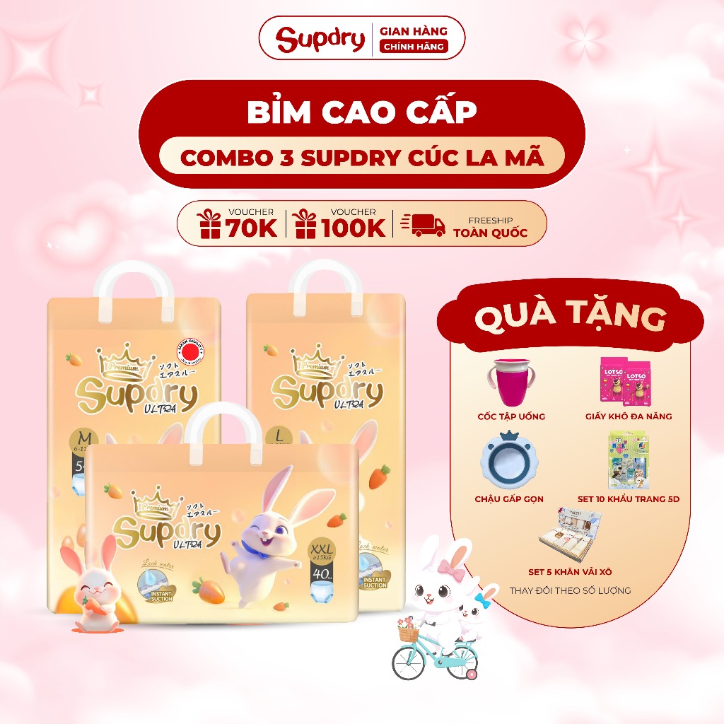 [SUPDRY] Combo 3 Bịch Tã/Bỉm Quần Supdry Ultra, Bỉm Supdry Cam Mẫu Mới Cao Cấp Cho Bé Size M/L/XL/XX