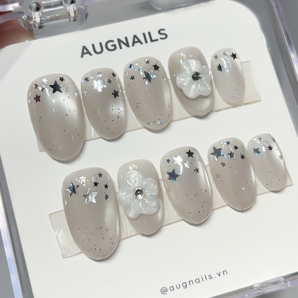 Nailbox Mắt Mèo Phối Hoa Nổi Tone Bạc (M029)