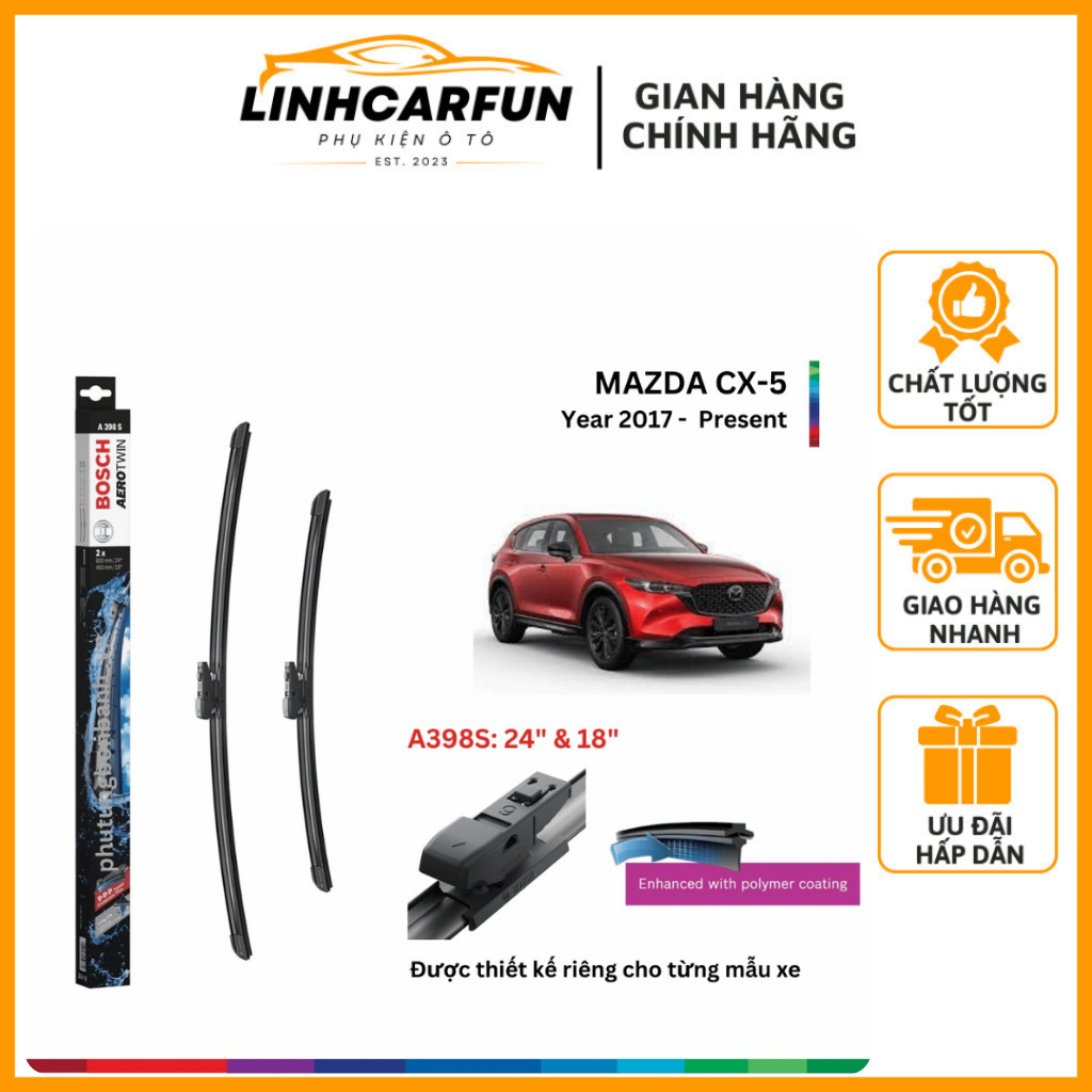Bộ Gạt Mưa BOSCH AeroTwin Euro Set A398S 24” & 18” Cho Mazda CX5 2011–2024 – Gạt Êm Sạch Kính