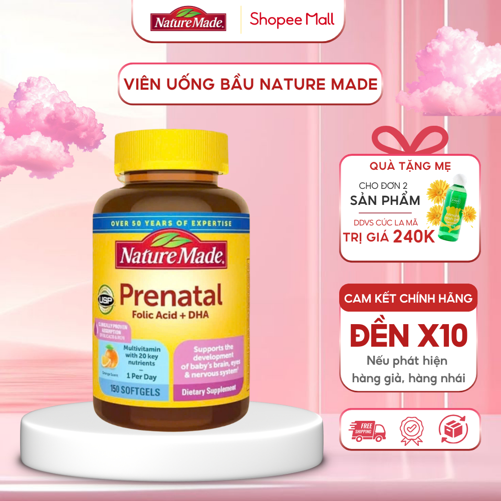 Vitamin Tổng Hợp Cho Mẹ Bầu Prenatal Folic Acid + DHA Nature Made 23 Vitamin 150 Viên