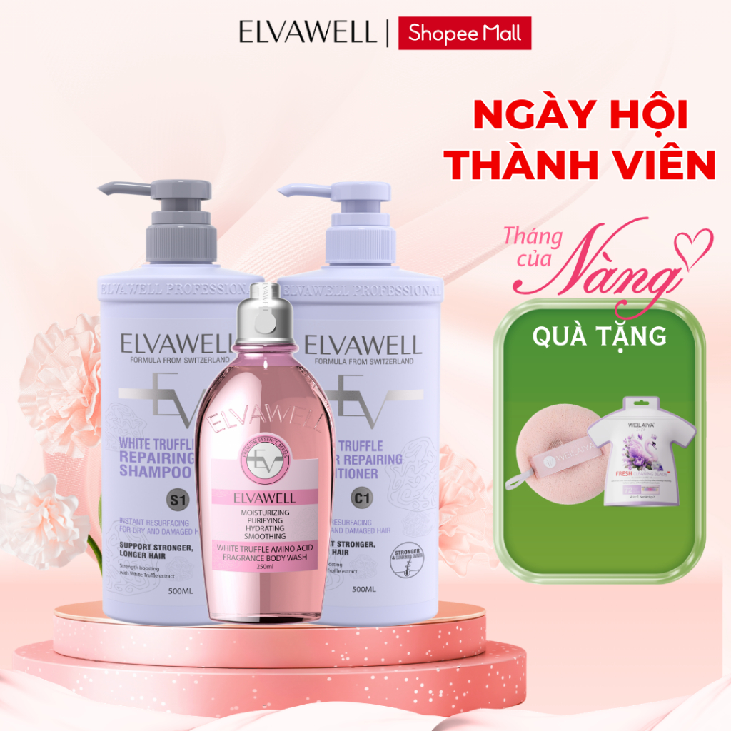 Combo Toàn Diện Elvawell - 1 Cặp Gội Xả 500ml + 1 Sữa Tắm Elvawell 250ml