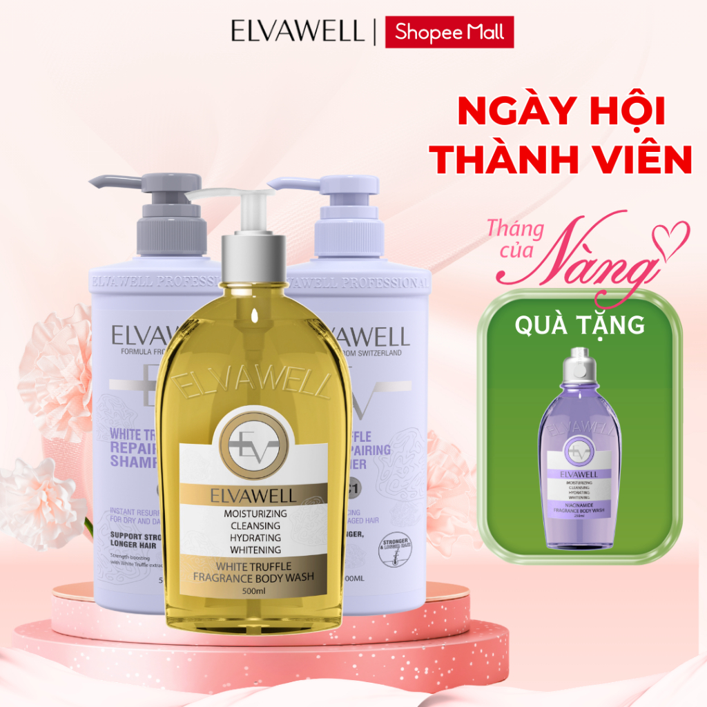 Combo Toàn Diện Elvawell - Dầu Gội, Dầu Xả Phục Hồi Hư Tổn + Sữa Tắm TẶNG KÈM 1 Sữa Tắm Evawell