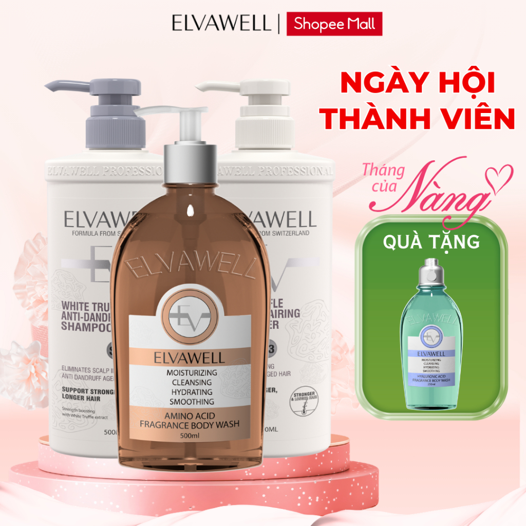 Combo Toàn Diện Elvawell - Dầu Gội, Dầu Xả Giảm Gàu Suôn Mượt + Sữa Tắm TẶNG KÈM 1 Sữa Tắm Elvawell
