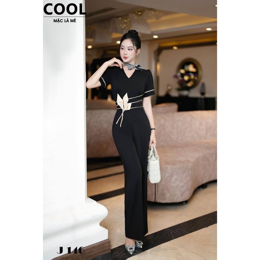 Jumpsuit Dài Thiết Kế J146, Đồ Bộ Liền Thân Vải Lạnh Hà Lan Co Giãn 4 Chiều, Phối Tafta 2 Da Sang Tr