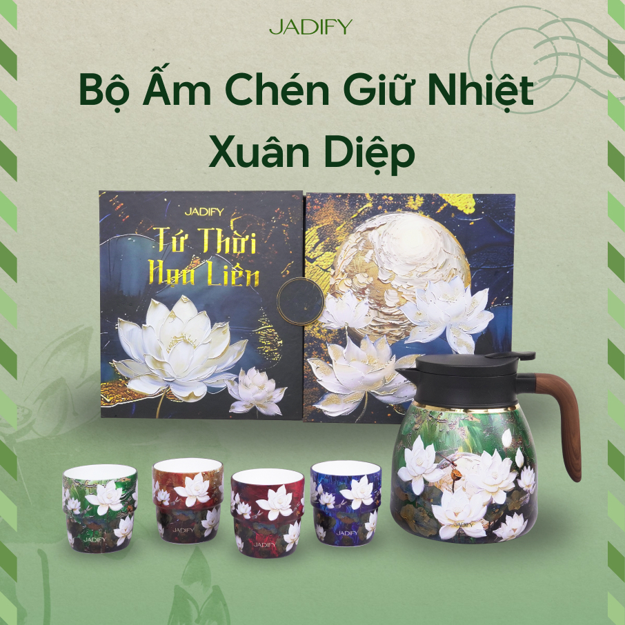 Bộ Ấm Chén Trà Hoa Sen "Tứ Thời Họa Liên" - Xuân Diệp - Emerald Spring Tea Set - Jadify