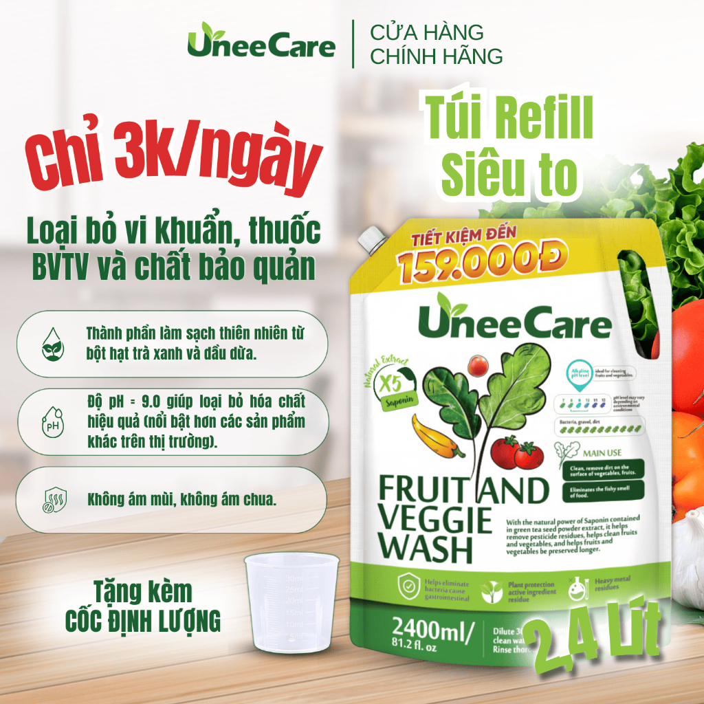 Túi Refill nước rửa rau củ quả UneeCare X3, Làm Sạch Vi Khuẩn Và Hóa Chất Trên Rau Quả
