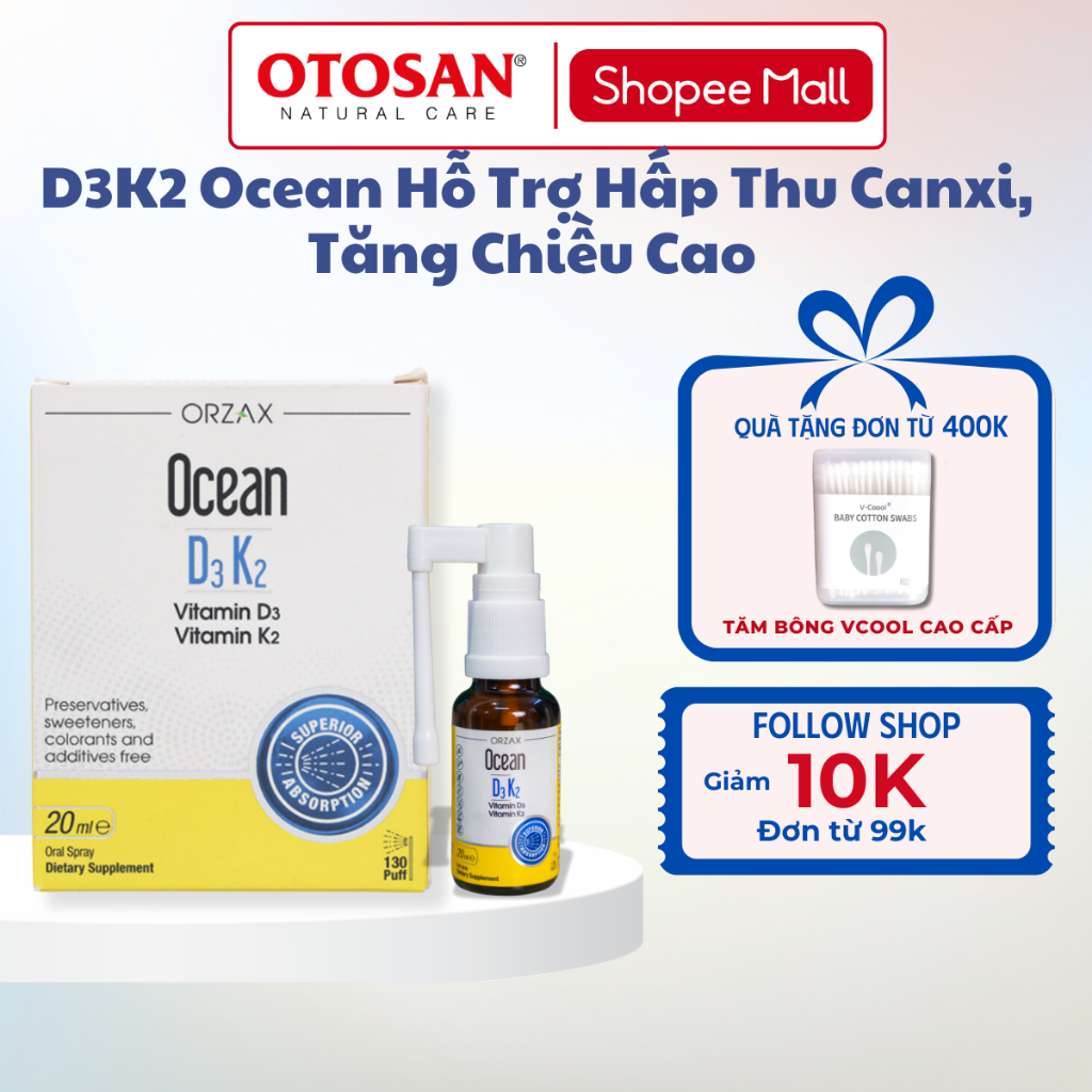 D3K2 Ocean Orzax Dạng Xịt Tiện Lợi - Hỗ Trợ Hấp Thu Canxi, Tăng Chiều Cao Và Chắc Khỏe Xương Cho Trẻ