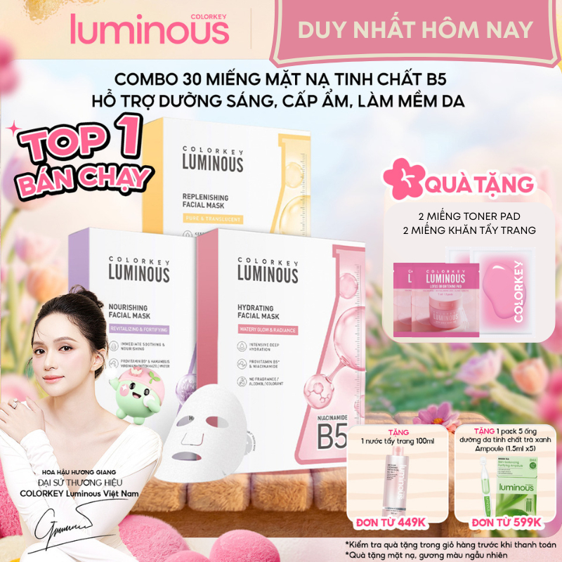 Mặt Nạ Giấy COLORKEY LUMINOUS | COMBO 3 HỘP| Tinh Chất Vitamin B5 Cấp Ẩm Cho Da Mịn Màng 25ml x 30 m