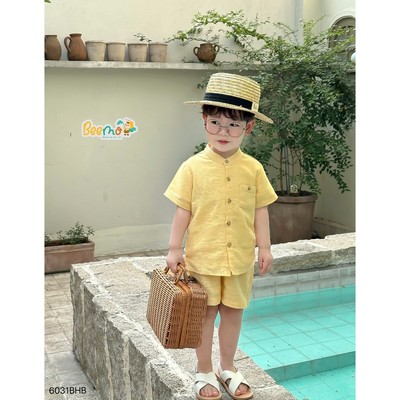 Set sơ mi Beemo cổ tàu phối túi vải linen mềm mai cho bé đi học, đi chơi từ 9-24kg 6031BHB