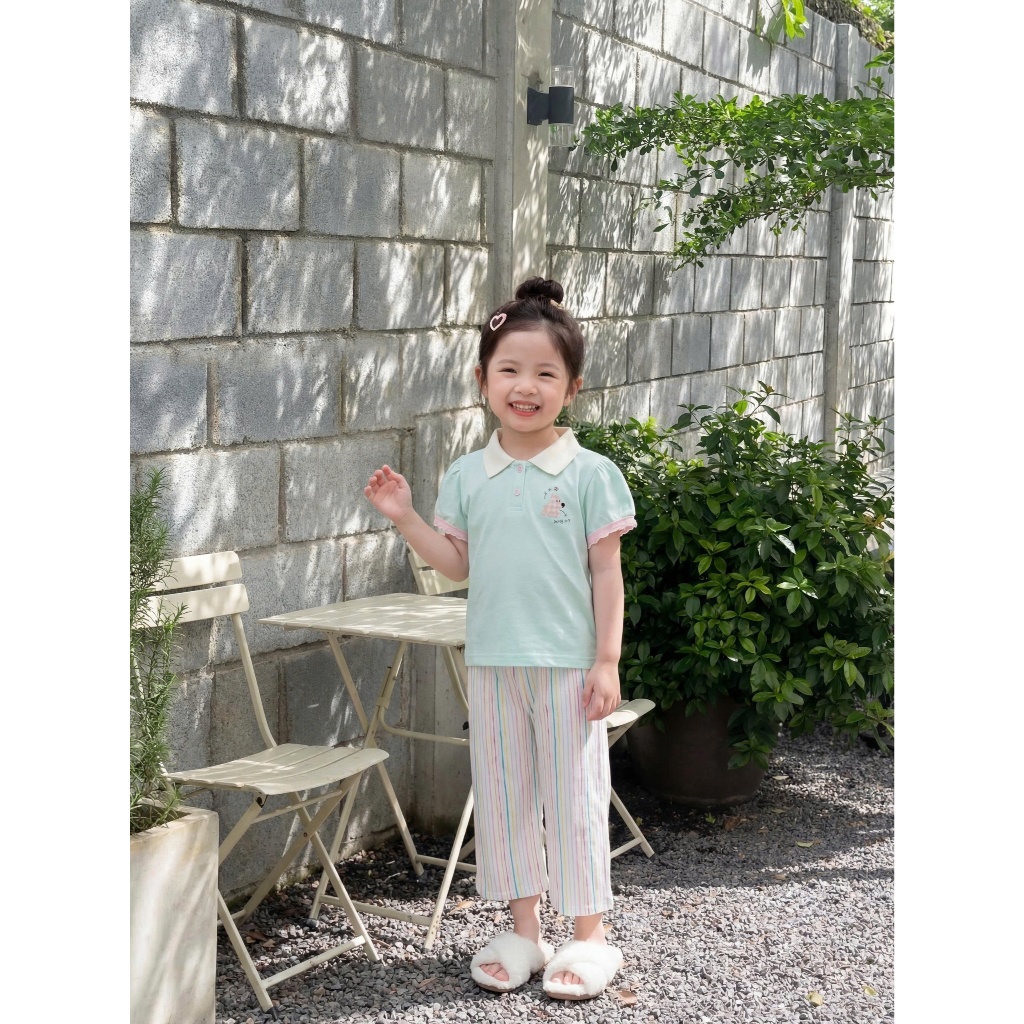 Set bộ polo cộc tay bé gái tay bồng in cún con Miniumbaby mix quần suông, chất cotton mềm mát SB2618