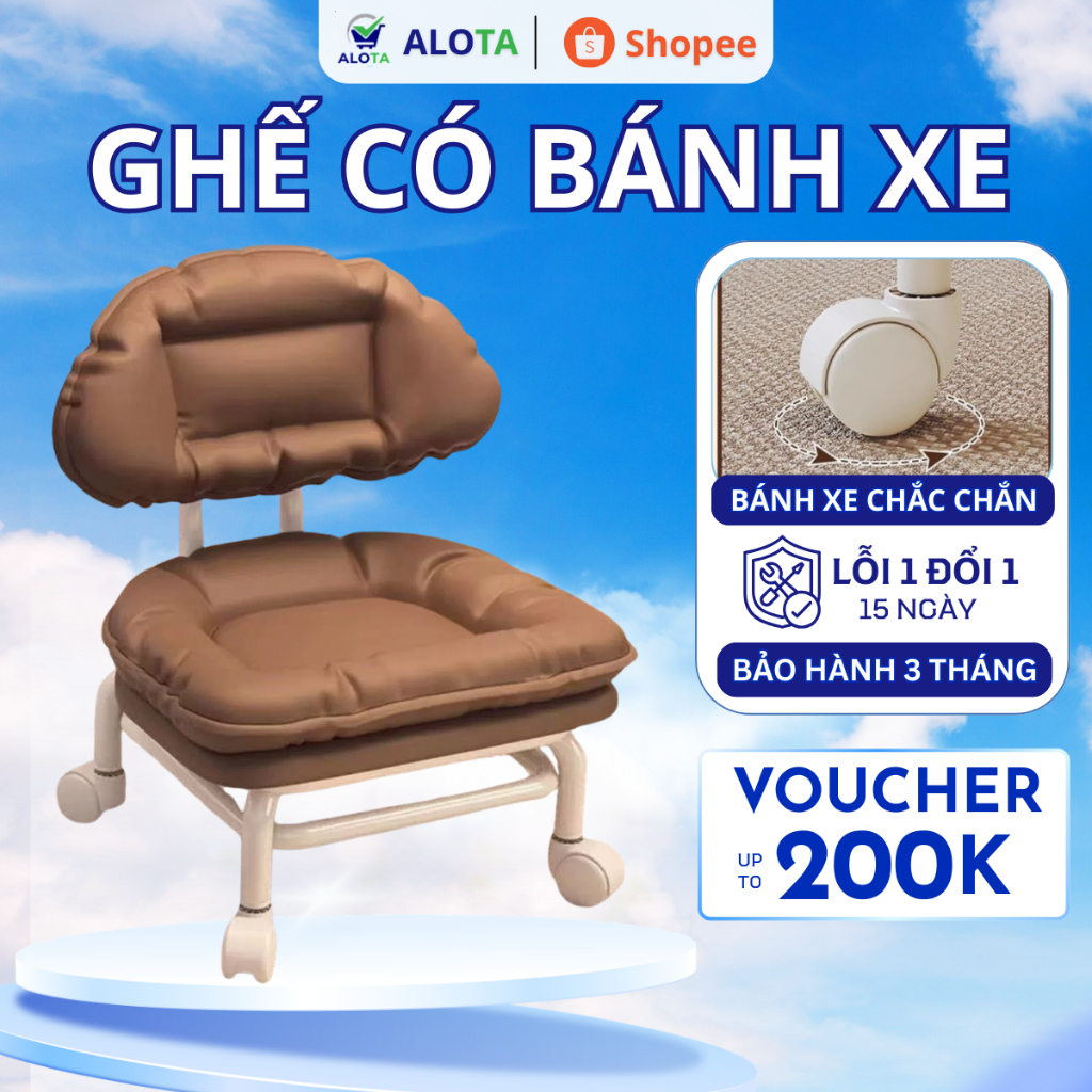 Ghế có bánh xe thấp Memory Foam tựa lưng 3BCare G35 da PU siêu đàn hồi, ghế làm nail tránh đau mỏi l