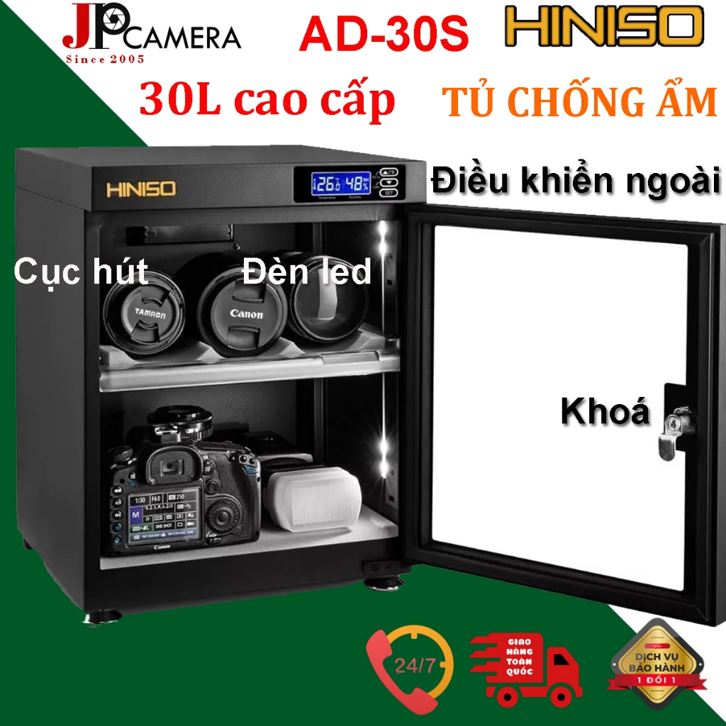 (BH 5 NĂM) Tủ chống ẩm 30S cao cấp HINISO AD-30S, có đèn led, đồng hồ điện tử