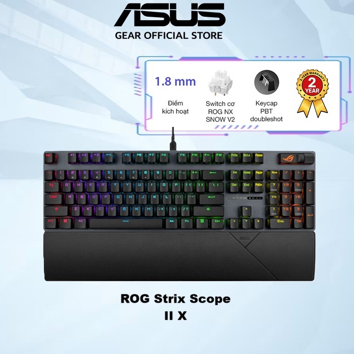 Bàn phím gaming có dây Asus ROG Strix Scope II X, Switch cơ ROG NX V2 có thể Hotswap, Mút giảm âm