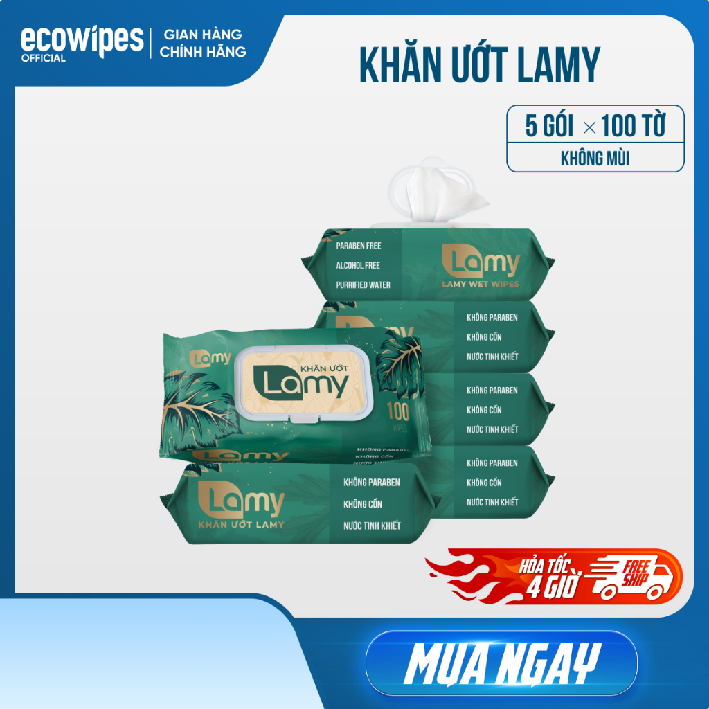Thùng 05 gói khăn ướt Lamy 100 tờ không mùi an toàn cho da