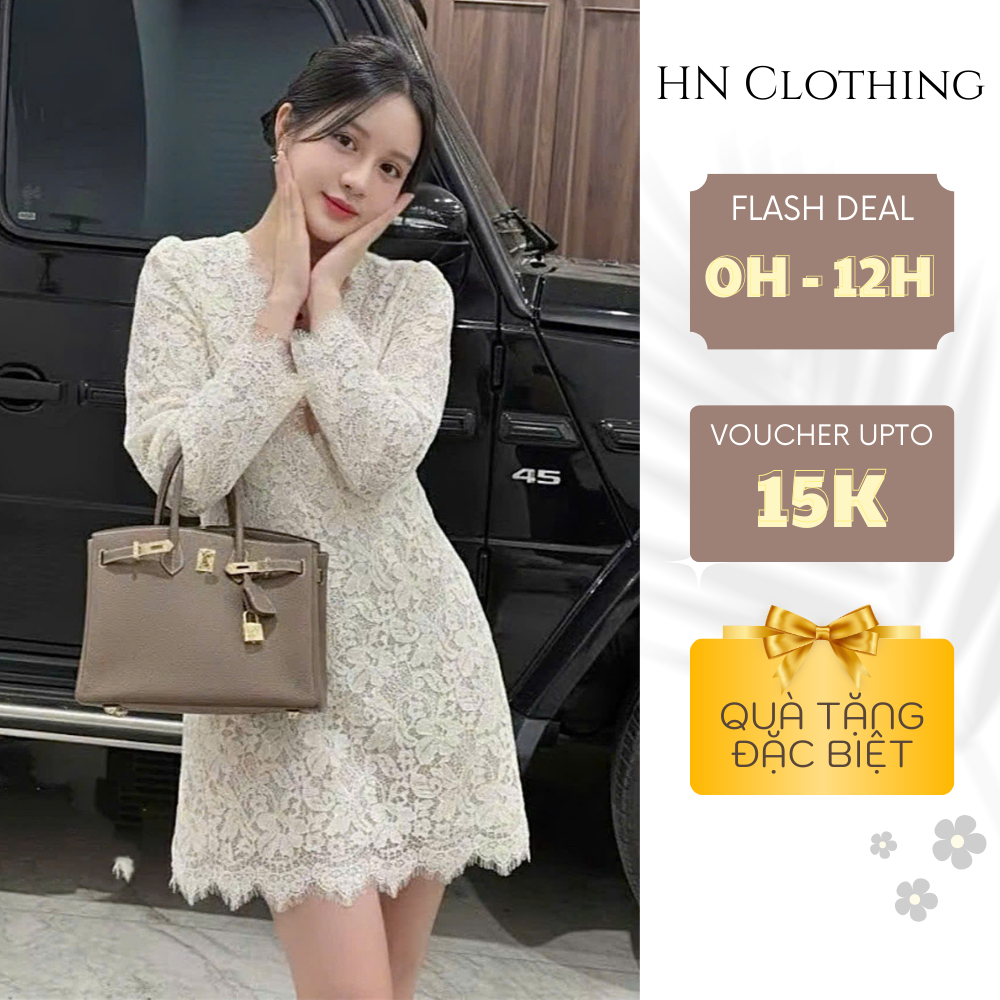 Đầm ren nữ tay dài cổ V dáng ôm nhẹ thanh lịch phong cách tiểu thư mặc đi tiệc HN Clothing V371