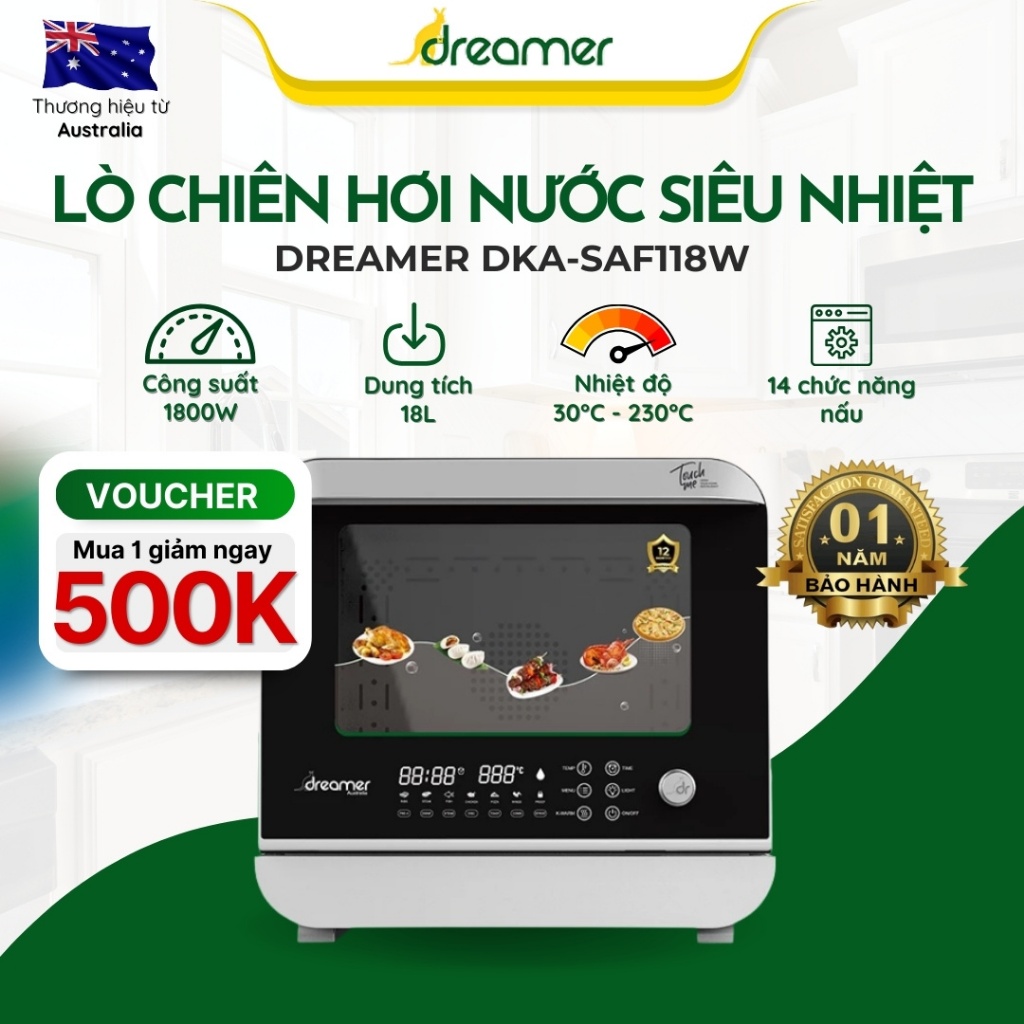 Lò Chiên Hơi Nước Siêu Nhiệt DREAMER DKA-SAF118W Dung Tích thực 18L, chiên không dầu, hấp, nướng, ủ sữa chua, tự vệ sinh