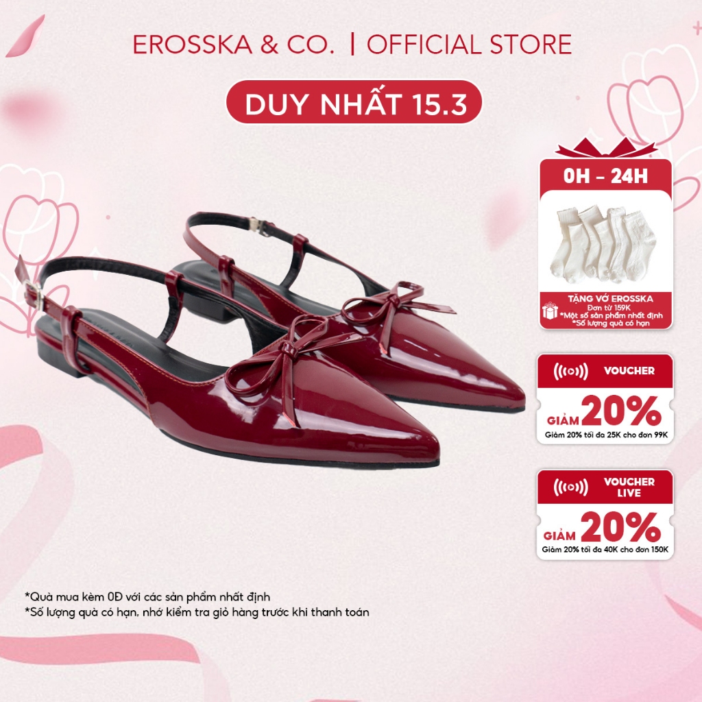 [EROSSKA] - Giày slingback nữ đế bệt phối nơ kiểu dáng thanh lịch màu đỏ cao 2cm - EH069