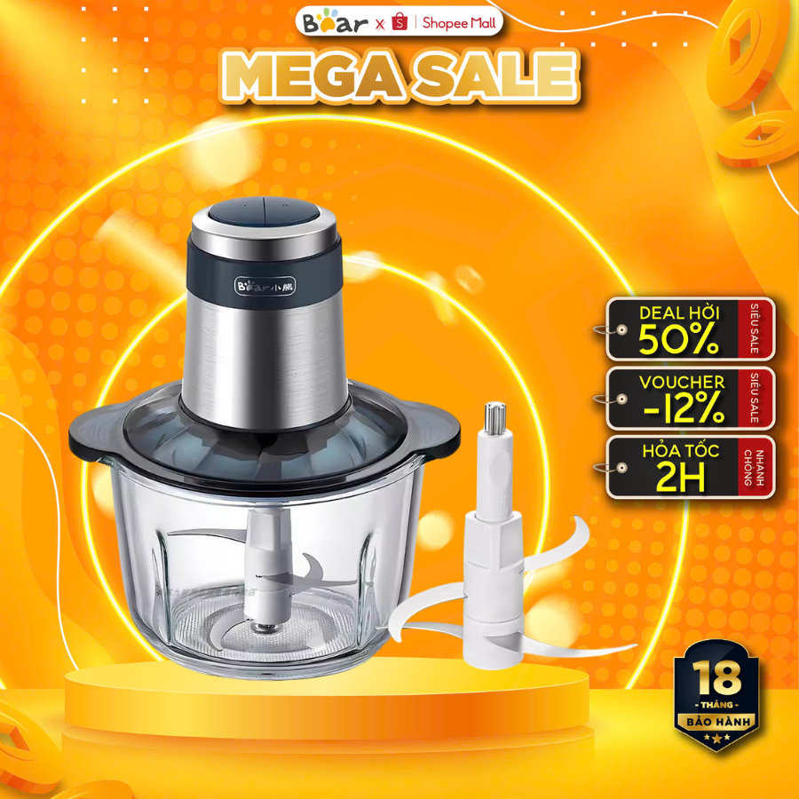 Máy xay thịt 2L đa năng Bear QSJ-C03M1, 300W, Lưỡi inox xay nhuyễn cá, tỏi, ớt, hành, BH 18 Tháng
