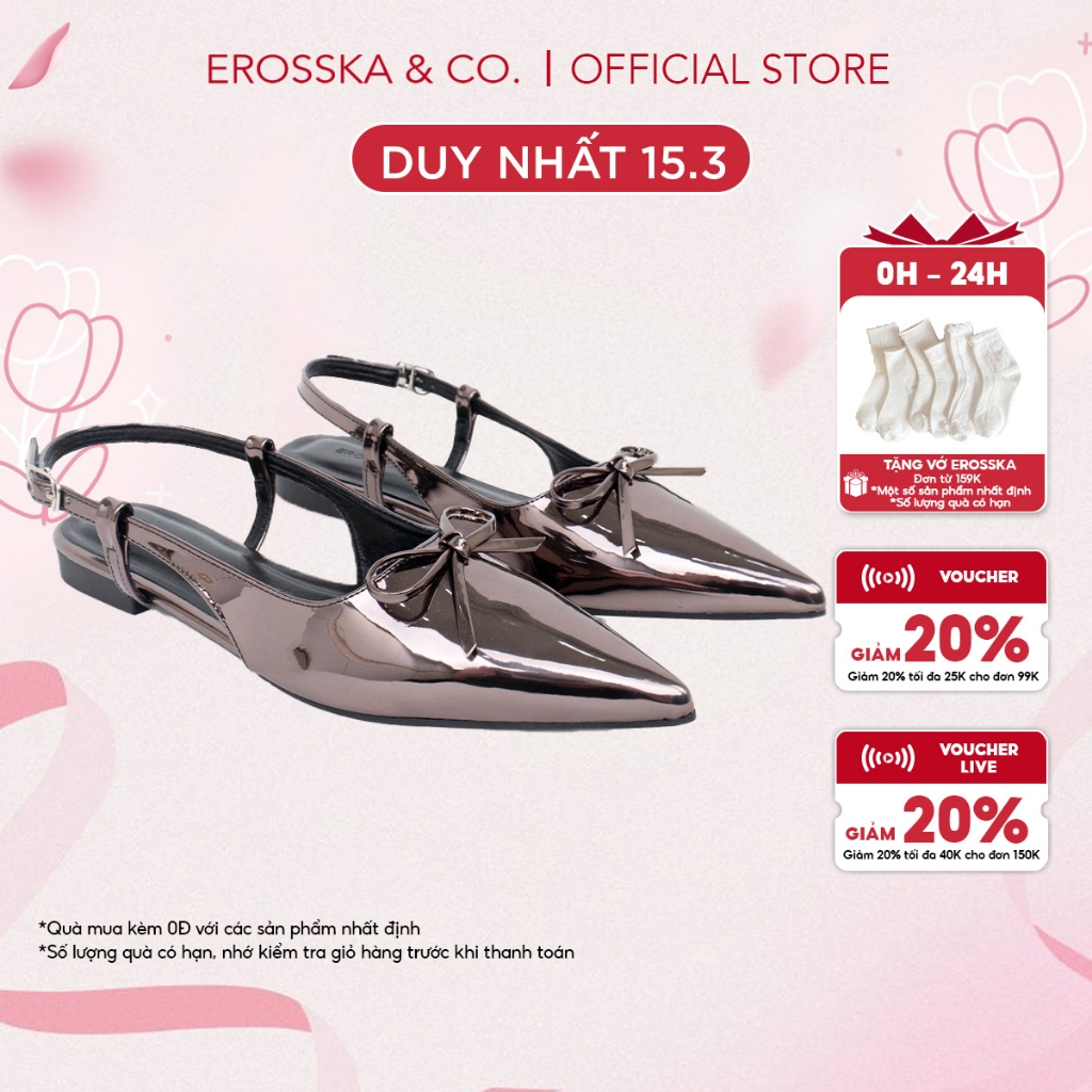 [EROSSKA] - Giày slingback nữ đế bệt phối nơ kiểu dáng thanh lịch cao 2cm màu chì - EH069