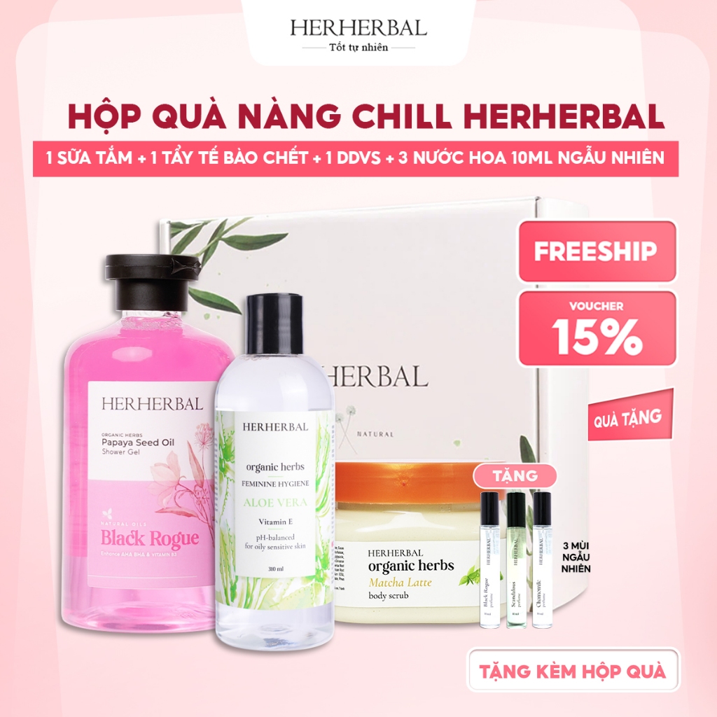 Hộp Quà Nàng Chill tặng bạn gái Herherbal-Dung dịch vệ sinh nữ 310ml+Sữa tắm nước hoa 500ml+Tẩy tế bào chết body 250g