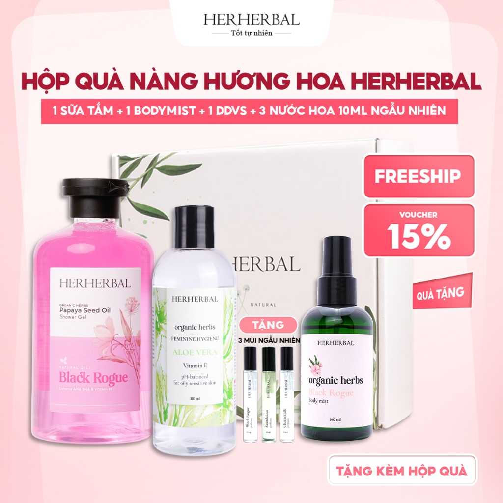 Hộp Quà tặng bạn gái Hương Hoa Herherbal-Sữa tắm 500ml + Bodymist 140ml + Nước Hoa Nữ 30ml + Dung dịch vệ sinh nữ 310ml