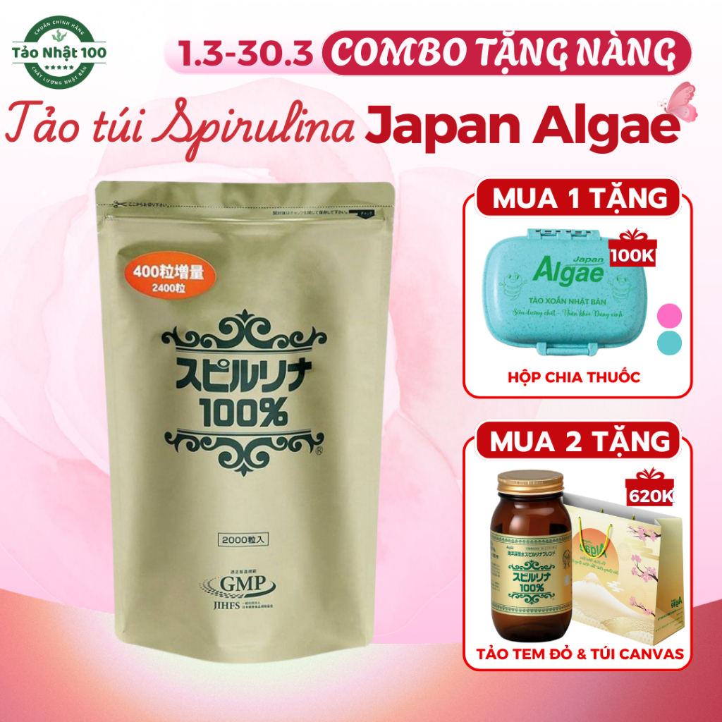 Tảo Xoắn Spirulina 100% 2000 tab.+400 tab Japan Algae dạng túi Nhật Bản