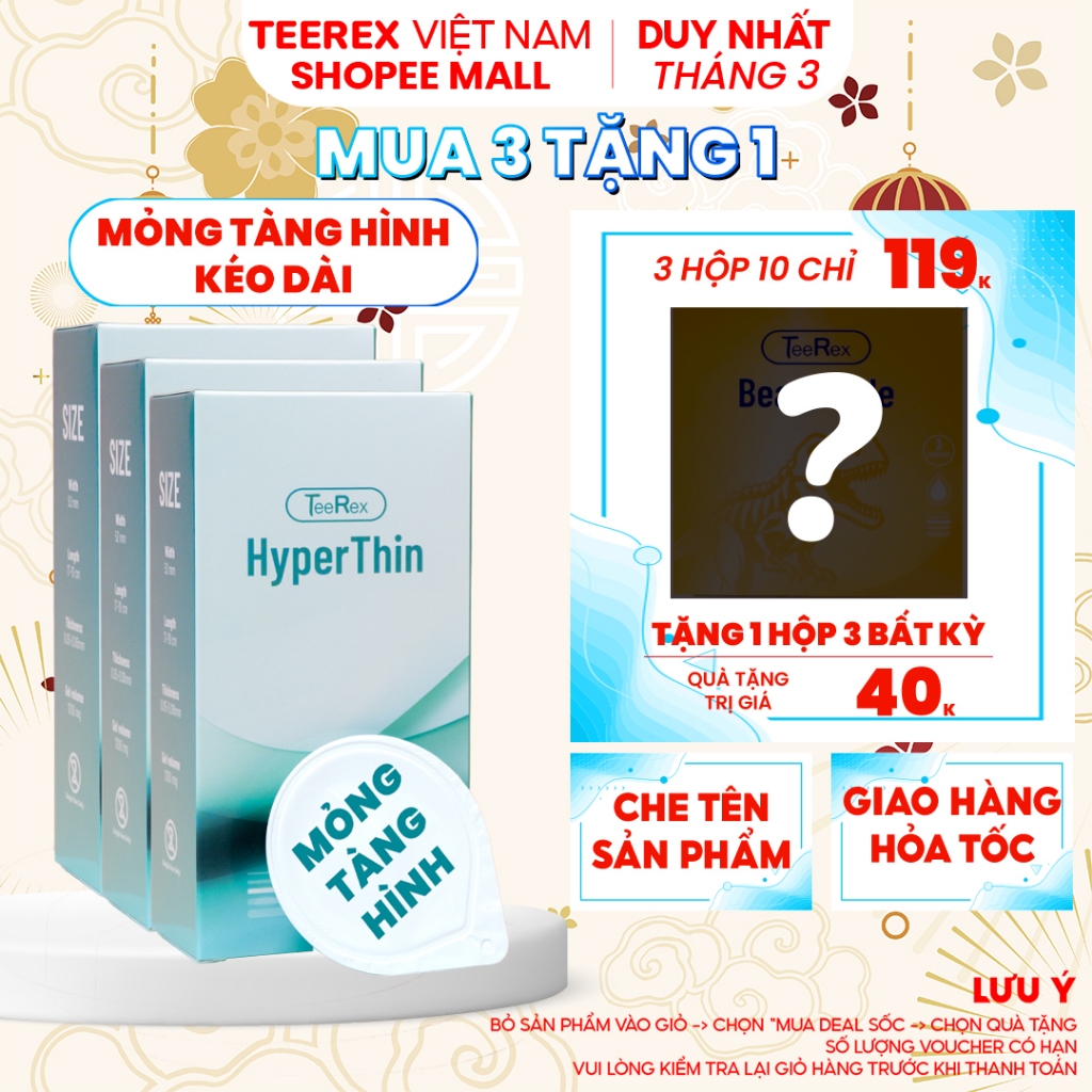 Combo 3 Hộp Bao Cao Su TeeRex Hyperthin Siêu Mỏng, Kéo Dài Thời Gian Size 52mm Loại Hộp 10