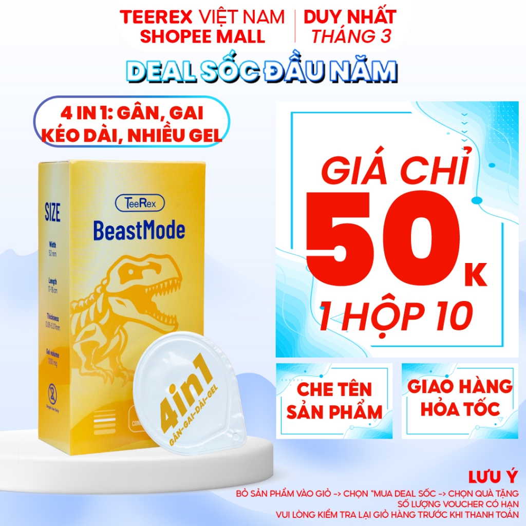 Bao Cao Su TeeRex Beast Mode 4 Trong 1 Gân, Gai, Kéo Dài, Nhiều Gel Size 52mm Loại Hộp 3/10