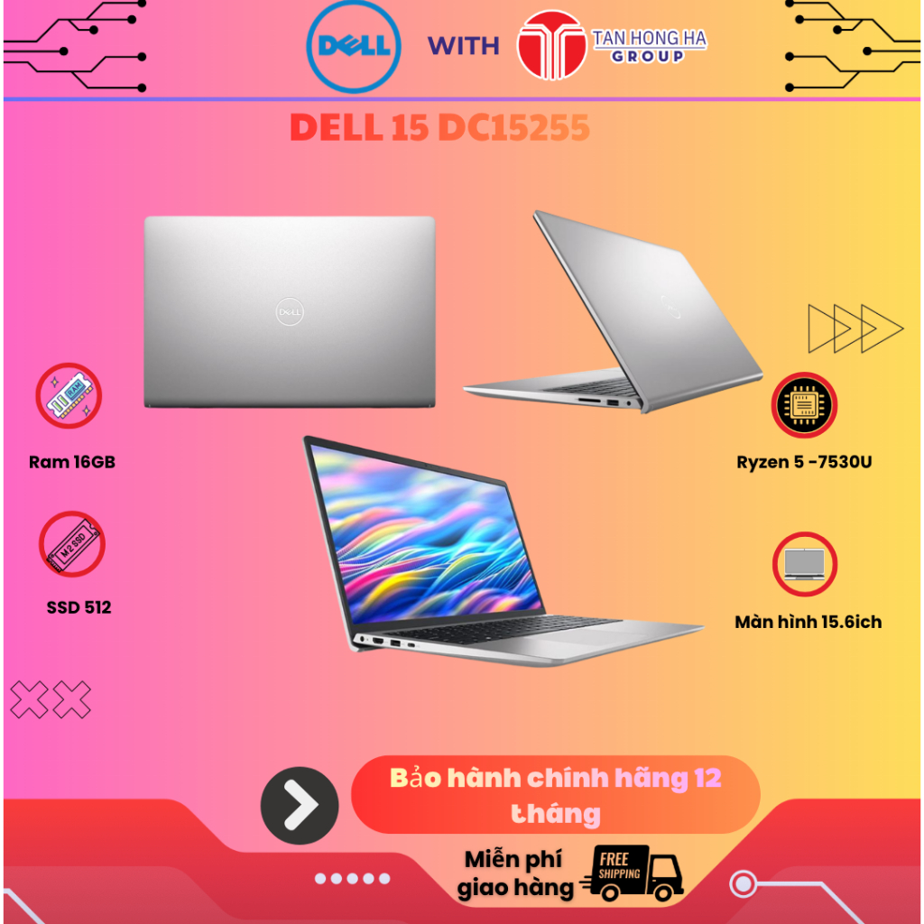 [Chi GH tận nơi] Dell 15 DC15255 R5 7530U/16GB/15.6"FHD/Win11/Office Home 2024/Microsoft 365