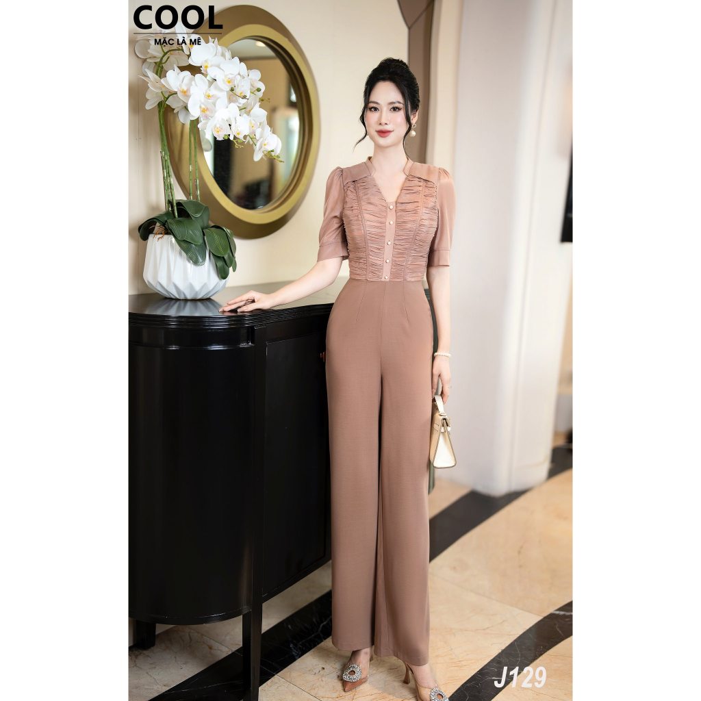 Jumpsuit Dài Thiết Kế J129, Đồ Bộ Liền Thân Vải Tơ Gân May Đúp 2 Lớp, Quần Xô Len Ống Suông Hack Dán