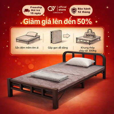 CONOCO Giường Gấp Gọn Kèm Đệm 75-120cm Giường Xếp Văn Phòng Khung Thép Bảo Hành 12 Tháng