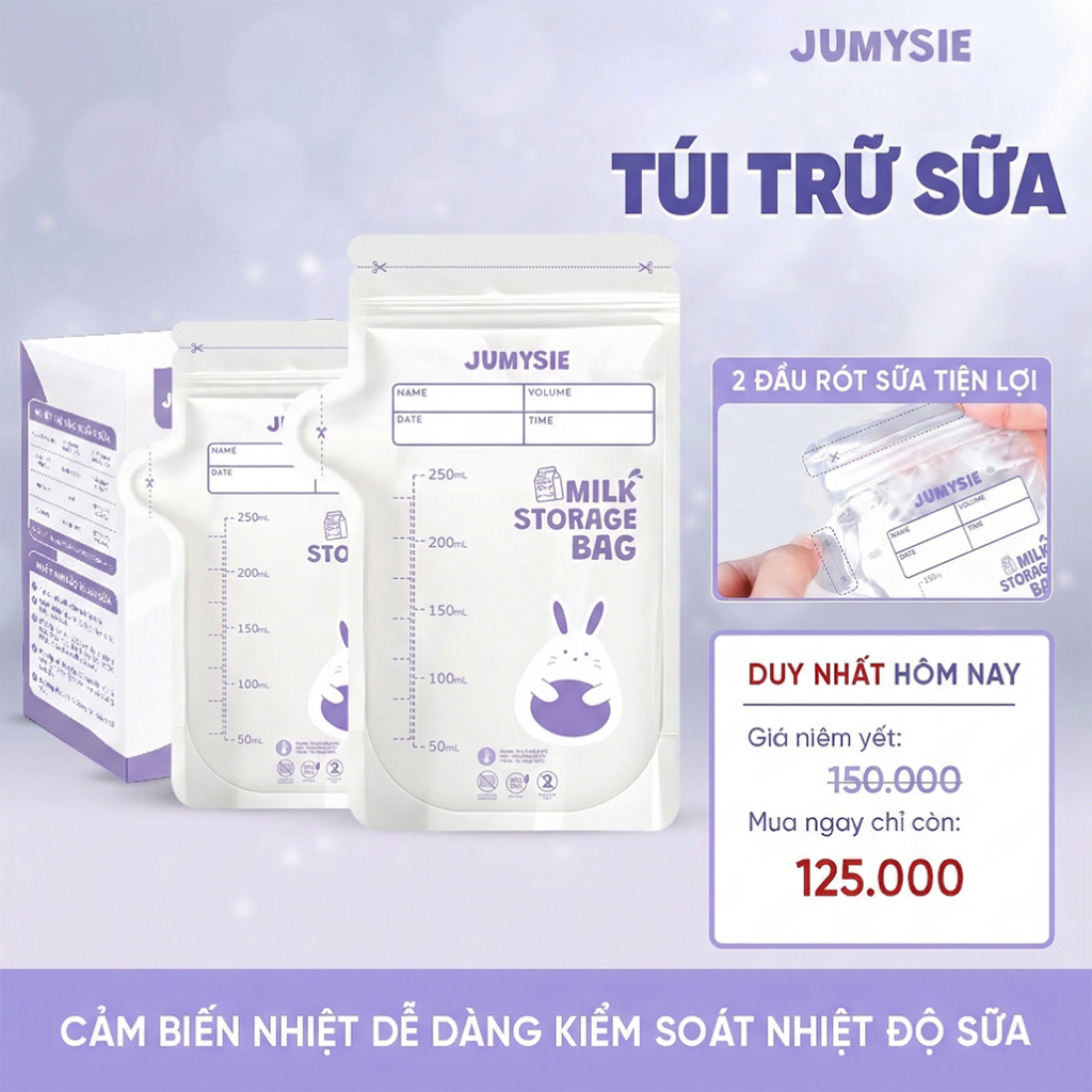 Túi Trữ Sữa Jumysie 180ml/250ml Có Cảm Biến Nhiệt – BPA Free, Zip 2 Lớp Chống Tràn (30 Túi)