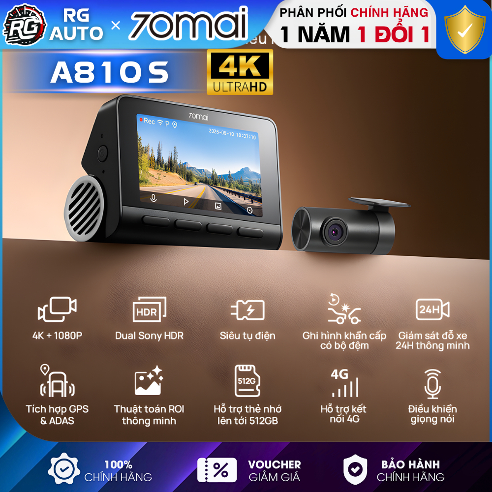 70mai A810S - Camera Hành Trình 70mai Độ Phân Giải 4K, Ghi Hình Ban Đêm, Điều Khiển Giọng Nói