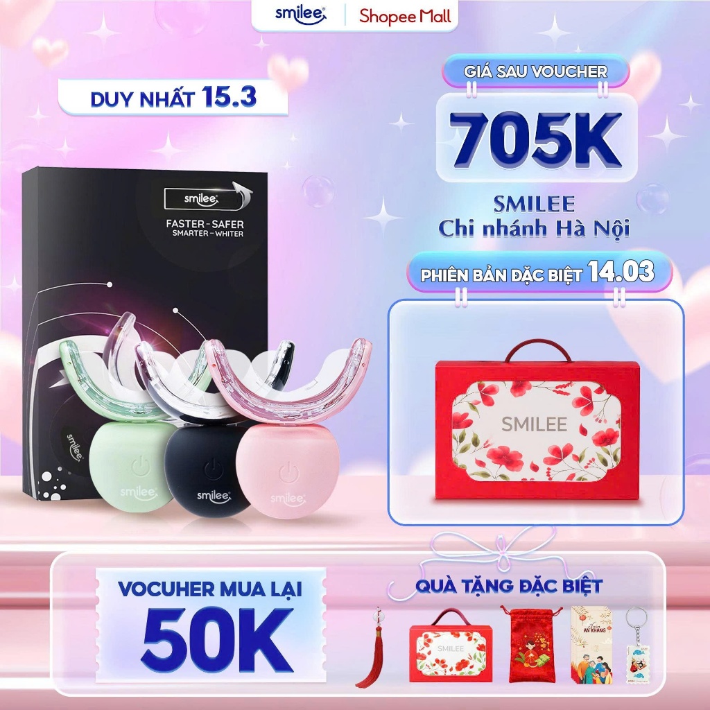 [GIÁ 797K TẠI LIVE SHOP] Trắng răng Smilee Extra, bộ kit làm trắng răng từ 2-6 tone tại nhà, đi kèm 3 bút gel, LIS | BigBuy360 - bigbuy360.vn