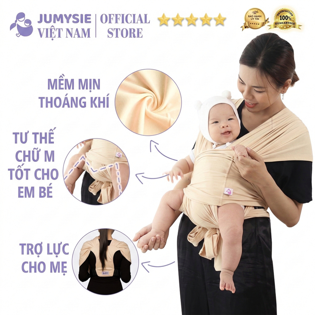 Địu Vải Cho Bé Sơ Sinh Jumysie Cao Cấp - Địu Em Bé Mềm Mại, An Toàn, Thoáng Khí, Rảnh Tay Cho Mẹ