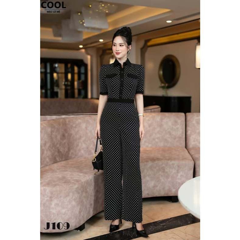 Jumpsuit Dài Thiết Kế J109, Đồ Bộ Liền Thân Vải Lụa Mango Chấm Bi, Cổ Sơ Mi Thanh Lịch Quần Ống Suôn