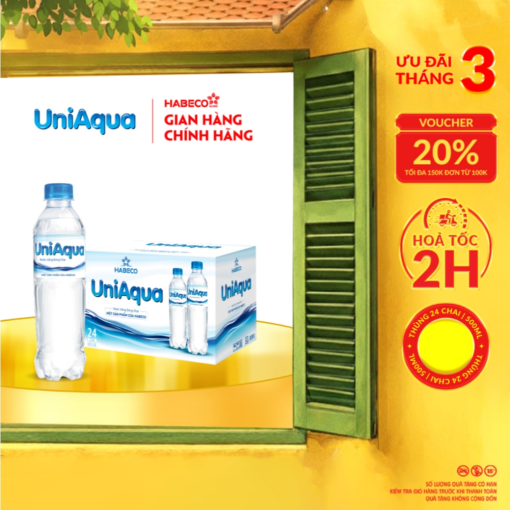 Thùng 24 chai nước uống đóng chai UniAqua - HABECO (500ml/chai)