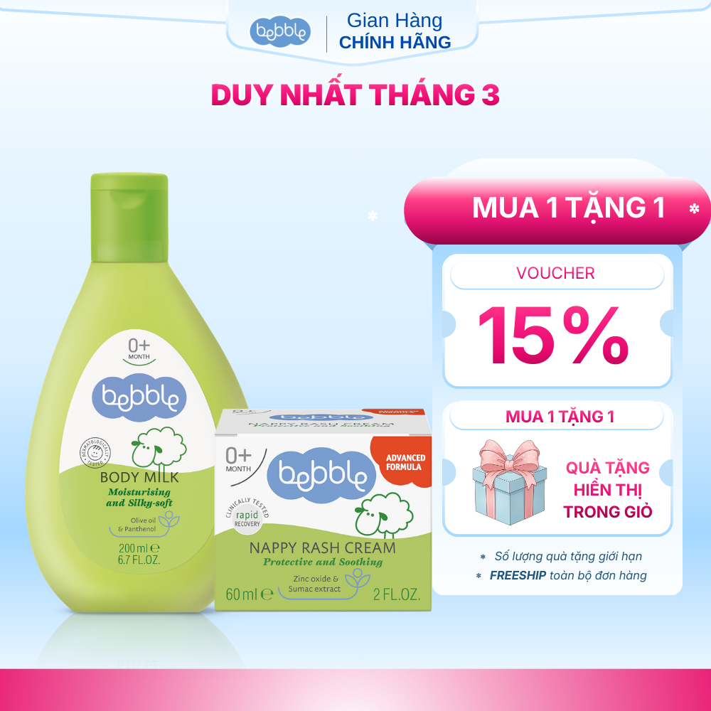 Combo Sữa dưỡng ẩm toàn thân cho bé Bebble Body Milk + Kem hăm Bebble 60ml