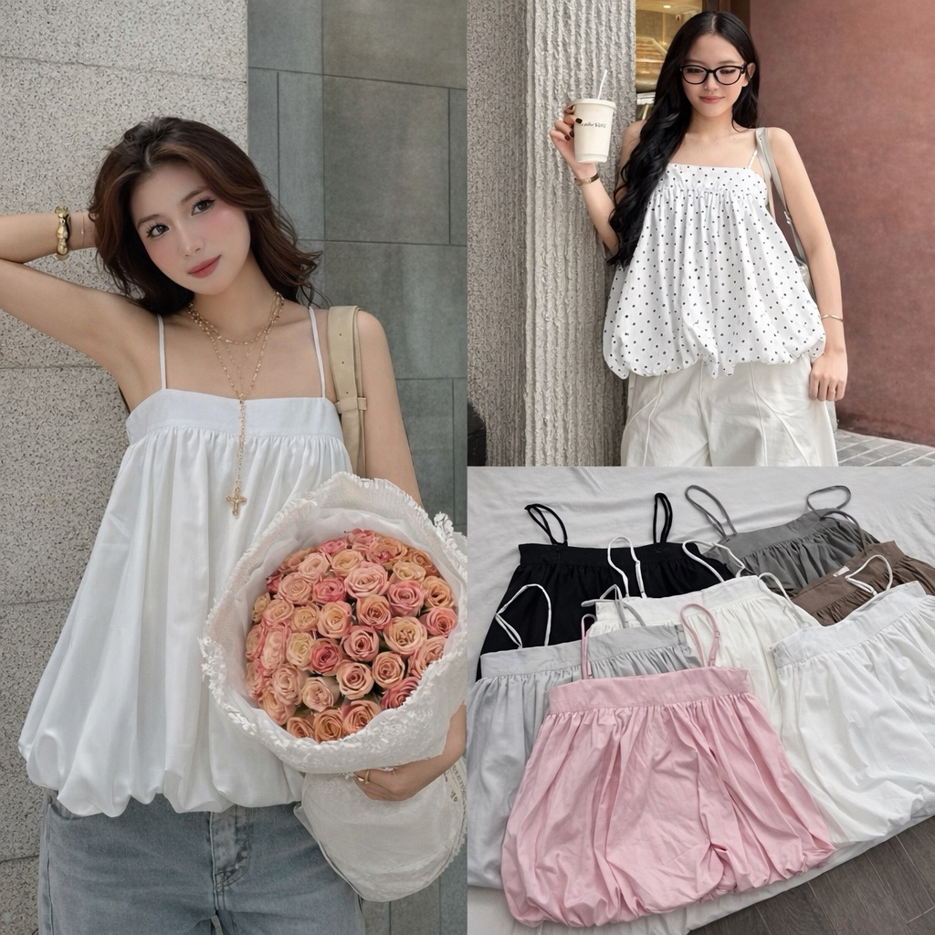 Áo Bí 2 Dây Phồng Có Dây Điều Chỉnh Form Babydoll Rộng Chất Vải Gió Màu Sắc Đa Dạng mùa hè cho nữ m6039 | BigBuy360 - bigbuy360.vn