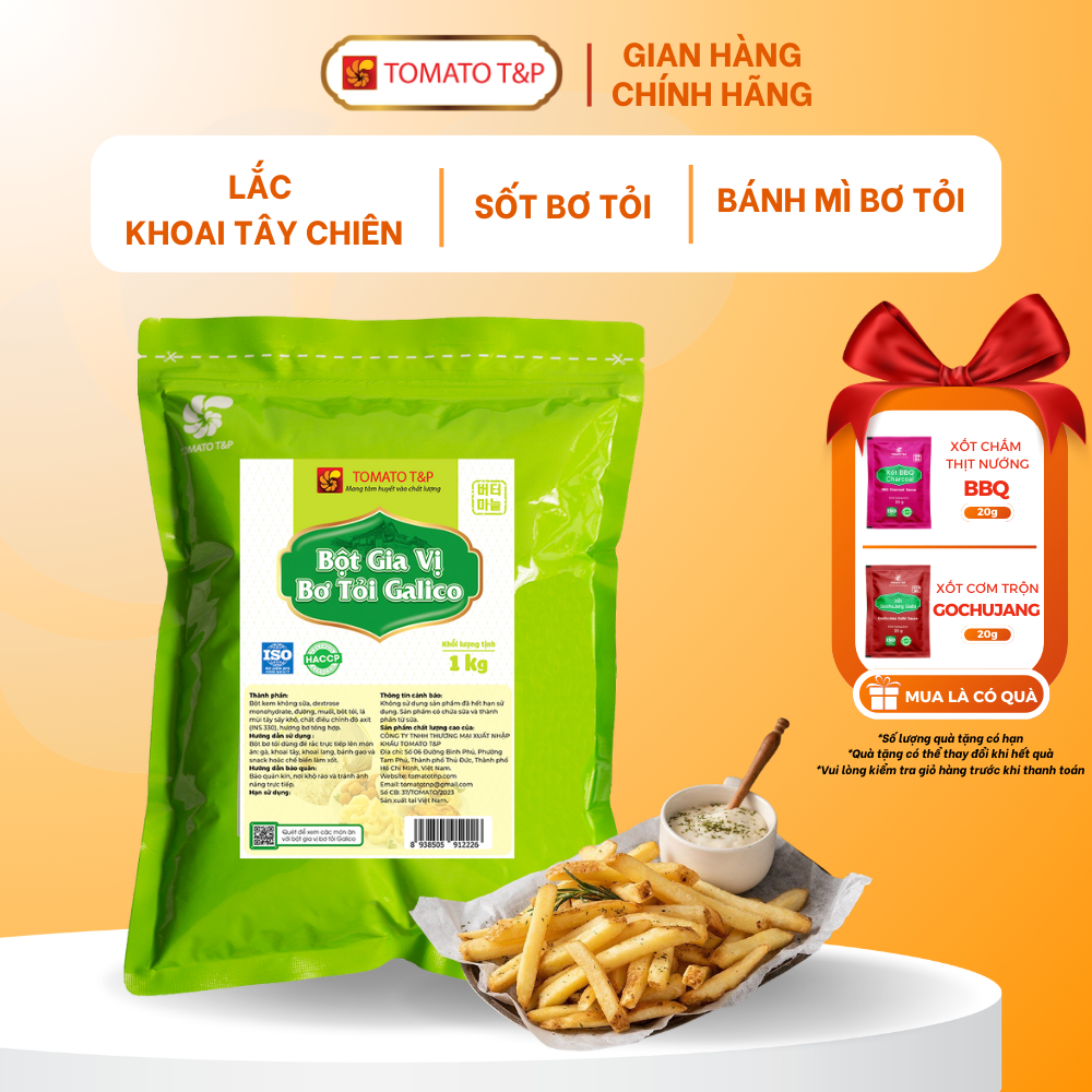 Bột Bơ Tỏi Galico - Gói 1Kg - Tomato T&P dùng để lắc khoai tây, sốt bơ tỏi, bánh mì bơ tỏi