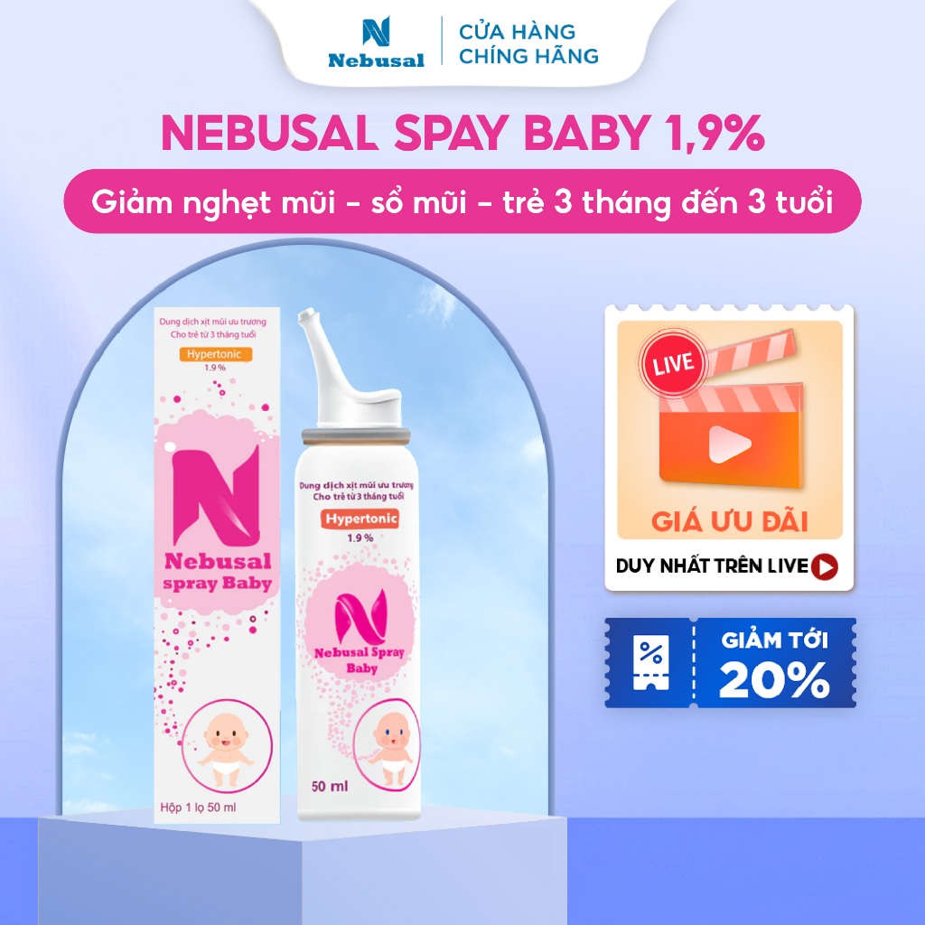 Xịt mũi Nước muối Ưu trương Nebusal Giảm nghẹt mũi, sổ mũi, viêm mũi cho bé trên 6 tháng