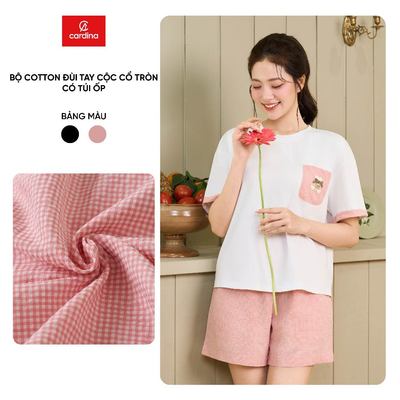 Đồ bộ nữ CARDINA chất cotton cổ tròn có túi ốp và quần đùi kẻ 6BCN02
