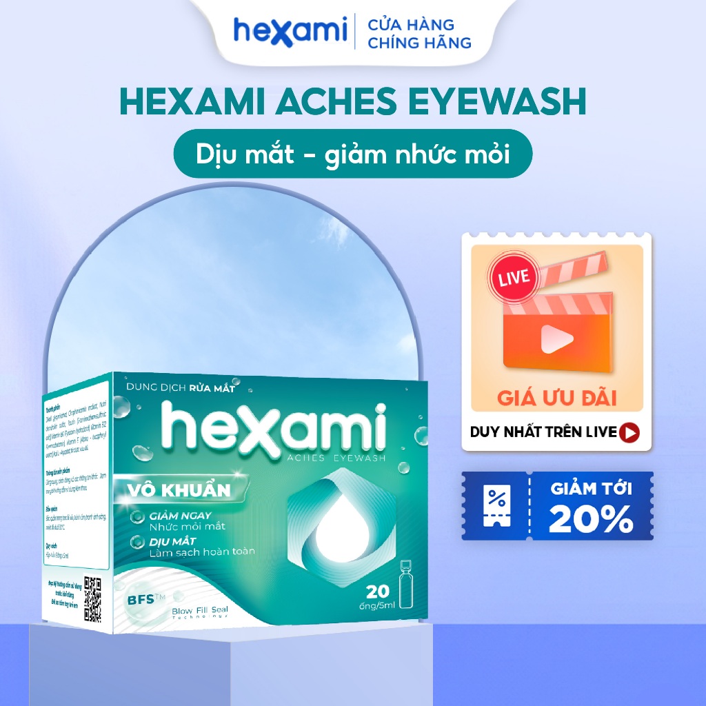 Dung Dịch Rửa Mắt Hexami Aches Eyewash Làm Sạch Dịu Và Cung Cấp Dưỡng Chất Cho Mắt Hộp 20 ống