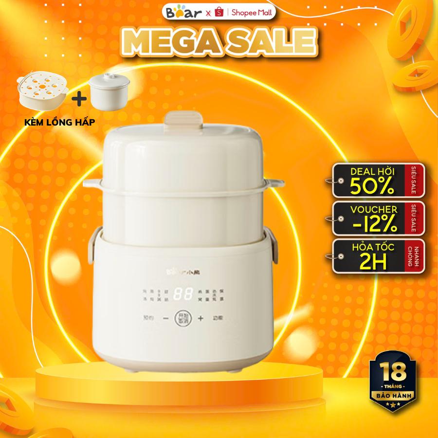 Nồi Nấu Cháo Chậm Bear 1L Có Xửng Hấp Bear DDZ-H10M7, 200W, Chưng Yến, Hầm, Có Hẹn Giờ BH 18 Tháng