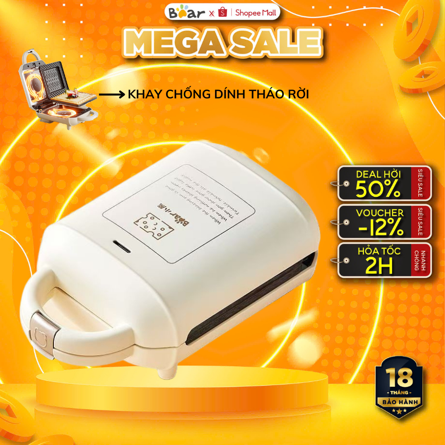 Máy kẹp nướng bánh mì sandwich BEAR SMZ-J07S1, ép bánh waffle, bánh quế, làm bữa sáng, BH 18 tháng